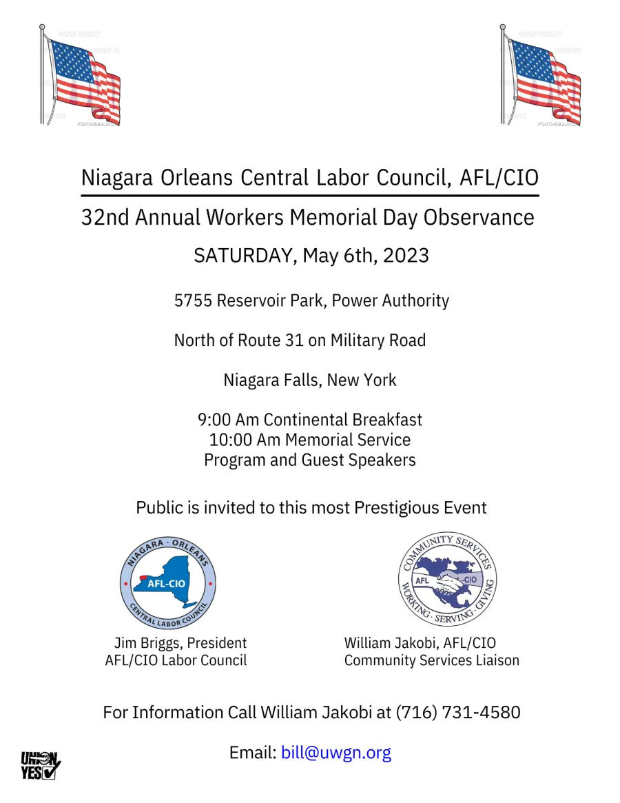 Niagara-Orleans CLC Workers Memorial Day 2023 flyer