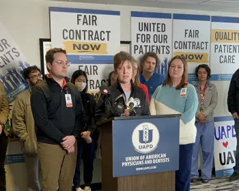 Buffalo Central Labor Council President Denise Abbott addresses the media during a press conference supporting organized medical residents at the UB School of Medicine.